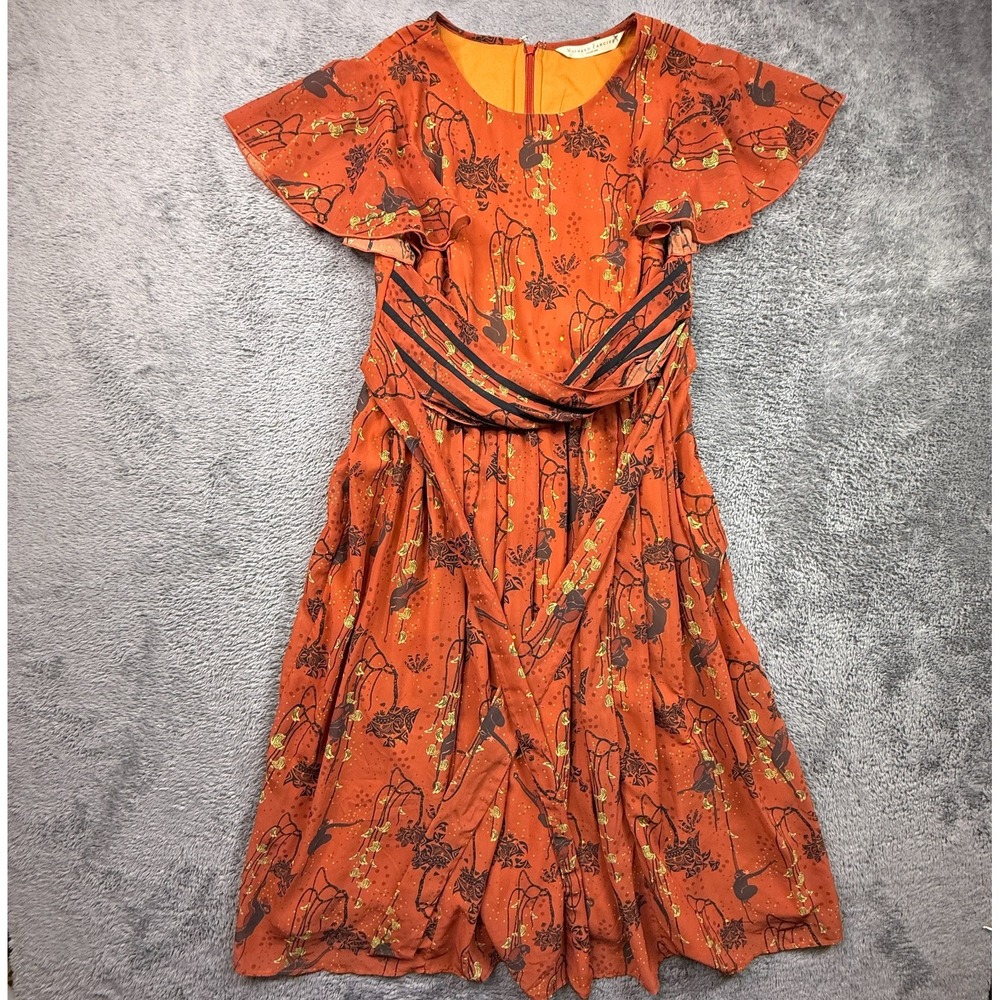Wayward Fancies eShakti Monkey Animal Print Midi Dress Waist Tie Orange M Lined